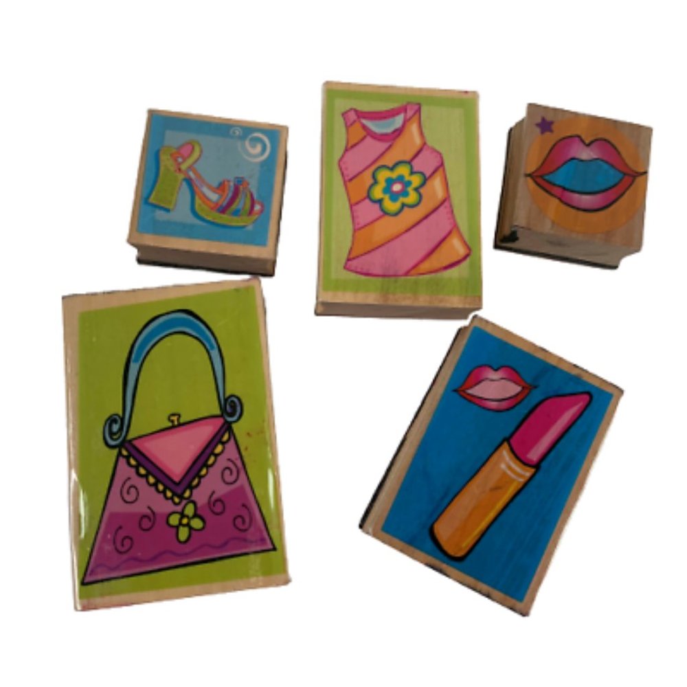 Lot of 9 Fashion Theme Rubber Wooden Stamps Dress Shoes Purse